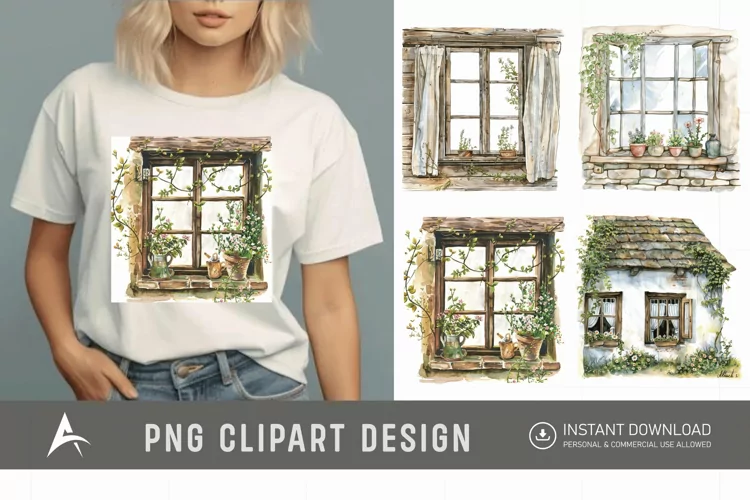 Watercolor Cottage core Window Clipart