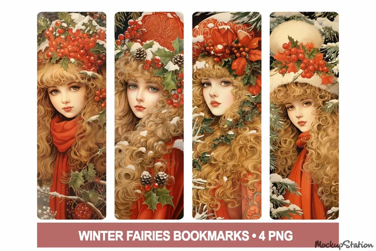 Christmas Bookmarks PNG Printable | Vintage Winter Fairies