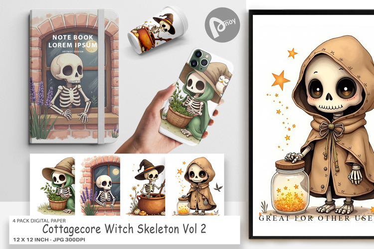 Digital Paper Cottagecore Witch Skeleton