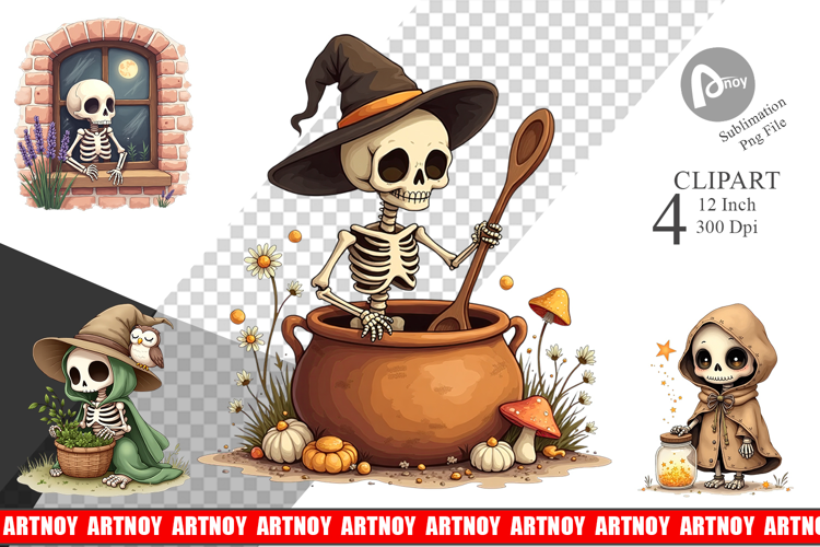 Cottagecore Witch Skeleton Clipart