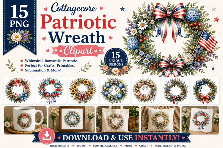 Patriotic Wreath Clipart PNG Bundle | Americana Wreaths