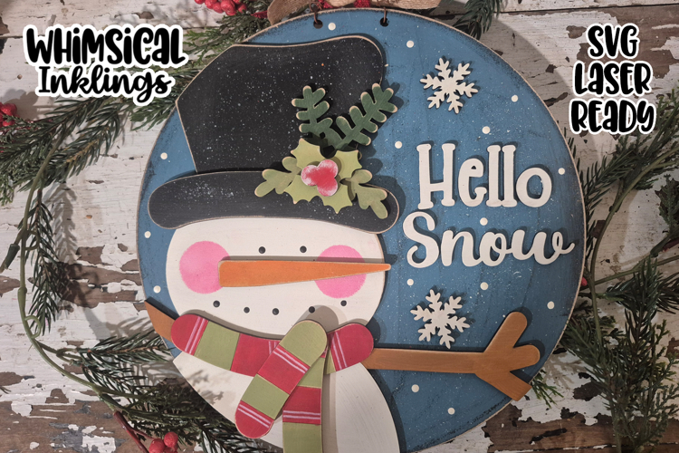 Country Snowman Hello Snow Sign Laser SVG