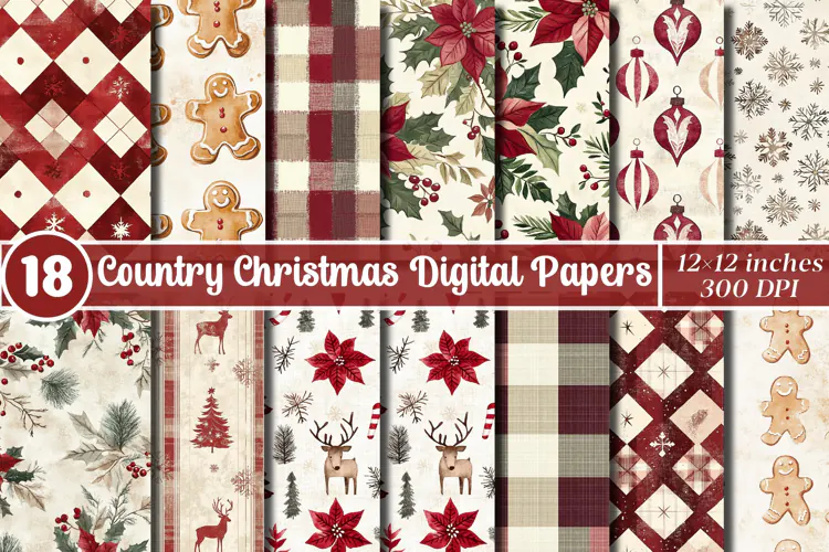 Country Christmas Digital Paper | Rustic Vintage Holiday Png