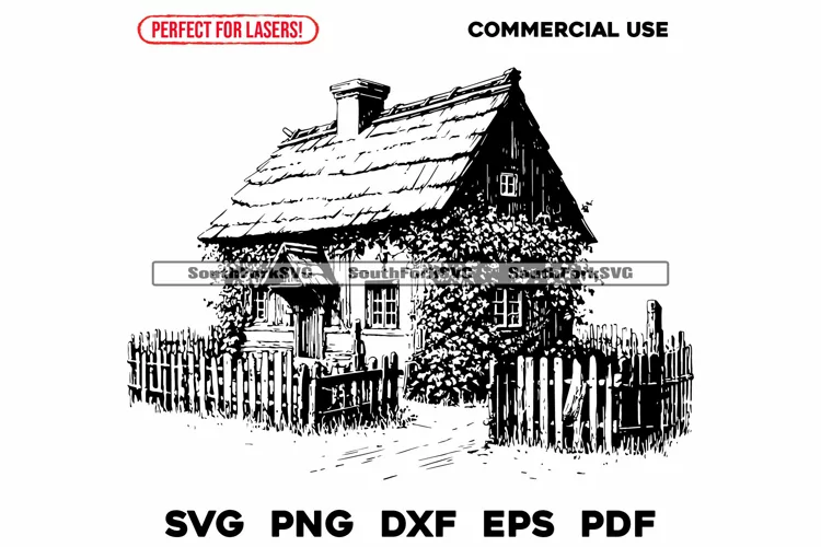 Rustic Countryside Cottage & Fence Scene Laser Engrave Files