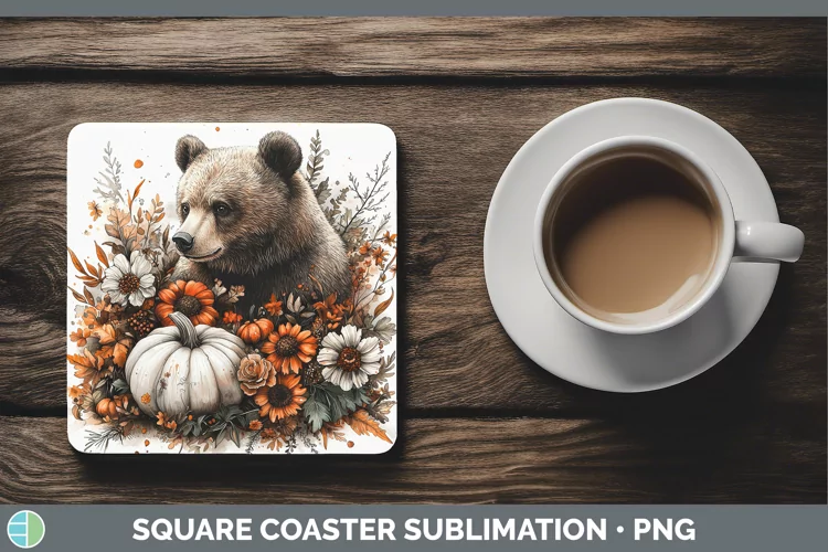 Country Pumpkin Bear Square Coaster Sublimation Coaster Desi