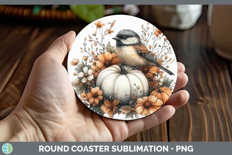 Country Pumpkin Chickadee Round Coaster Sublimation Coaster
