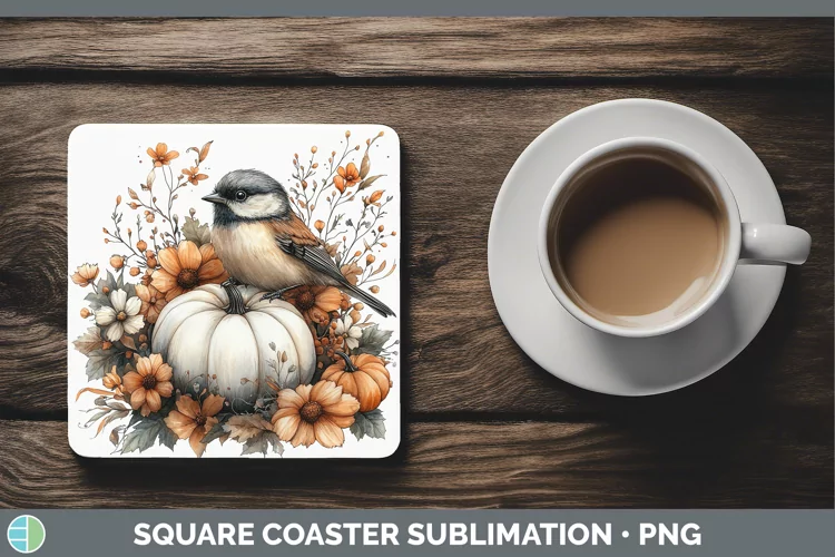 Country Pumpkin Chickadee Square Coaster Sublimation Coaster