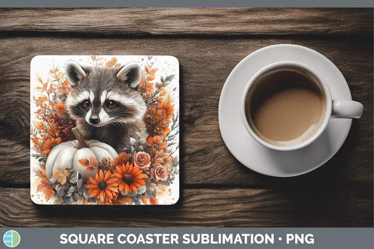 Country Pumpkin Raccoon Square Coaster Sublimation Coaster D