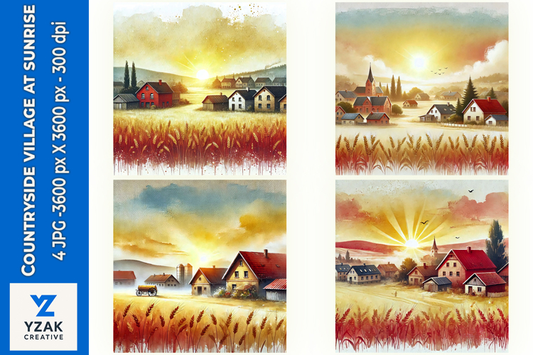 Countryside Village at Sunrise - Digital Illustrations