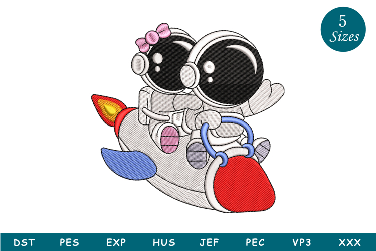 Girl and Boy astronaut on Rocket Machine embroidery Design