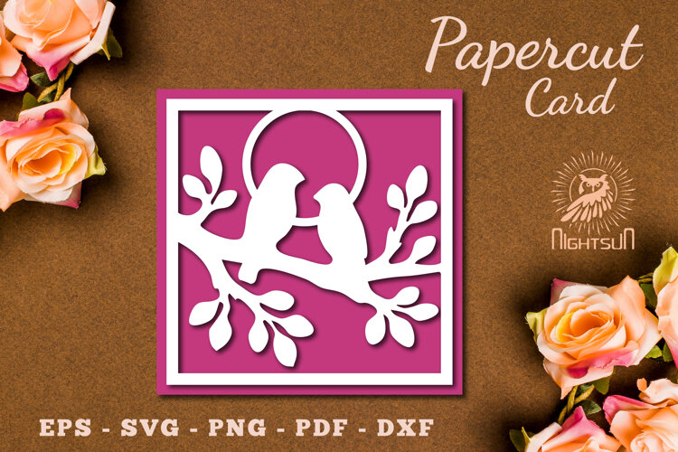 Couple Birds Paper Cutting Card SVG example image 1