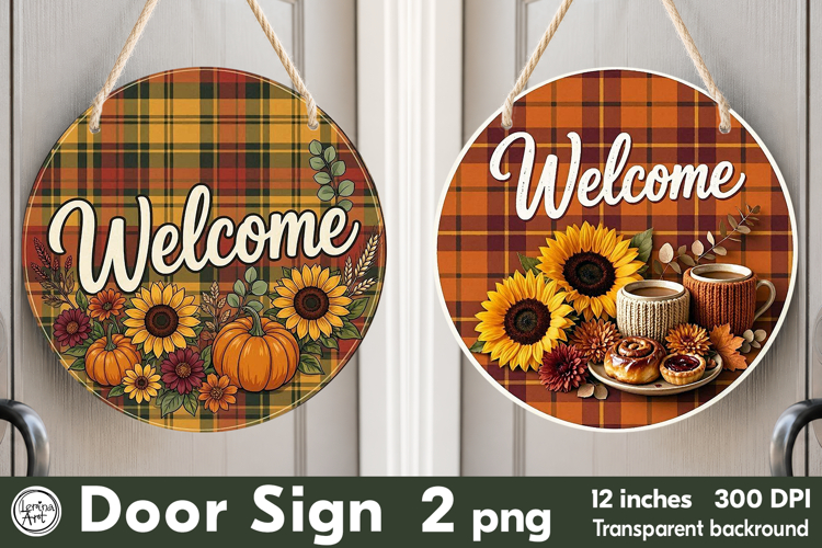 Cozy Autumn. Welcome Round Door Sign. PNG