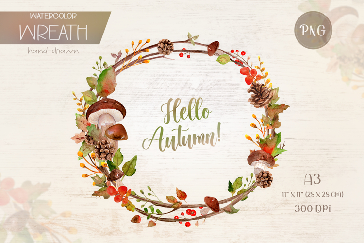 Autumn watercolor wreath with mushrooms.