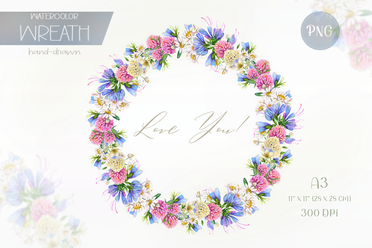 Watercolor wreath with meadow flowers.