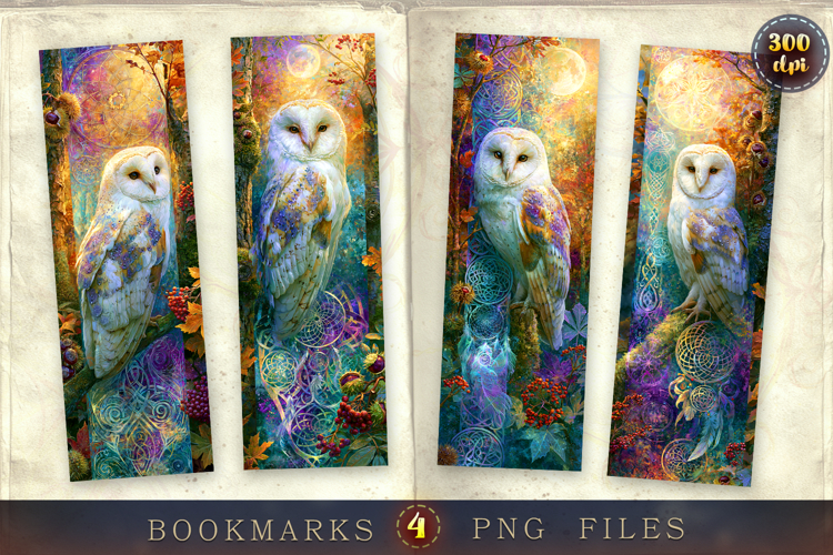 Bookmarks design - Magical Owls in the Forest.