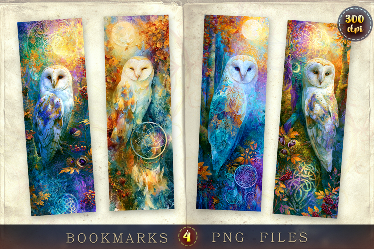 Bookmarks design - Magical Owls in the Forest.