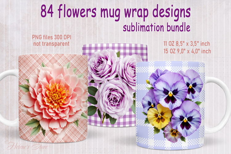 Vintage summer flowers design mug wrap 15 oz 11 oz BUNDLE