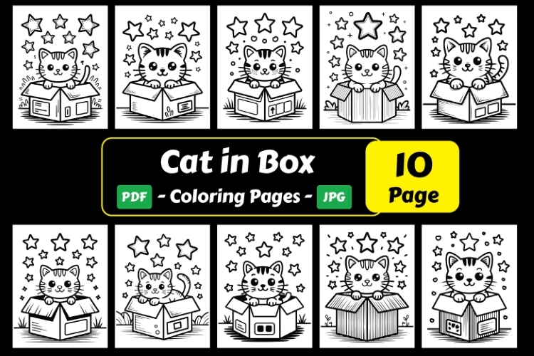 Cat in Box Coloring Page Art