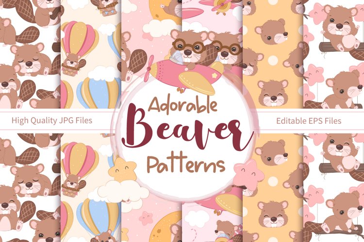 Cute Little Beaver Seamless Pattern Set example image 1