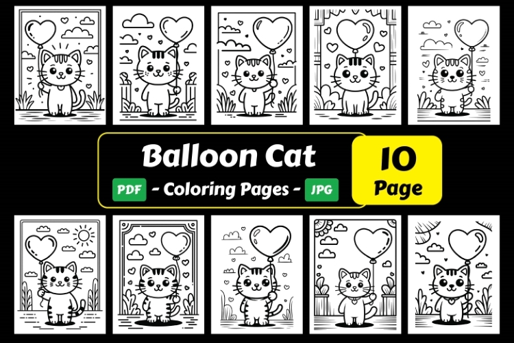 Balloon Cat Coloring Page Fun
