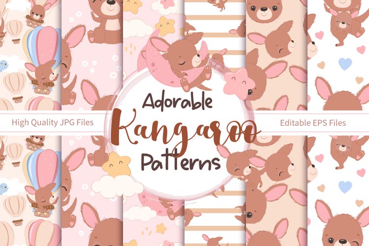 Cute Little Kangaroo Seamless Pattern Set example image 1