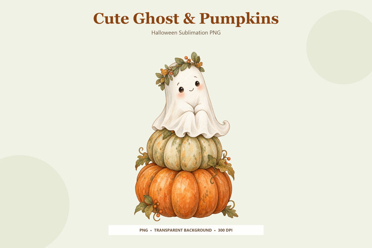 Cute Halloween Ghost with Pumpkin PNG | Sublimation Design example image 1