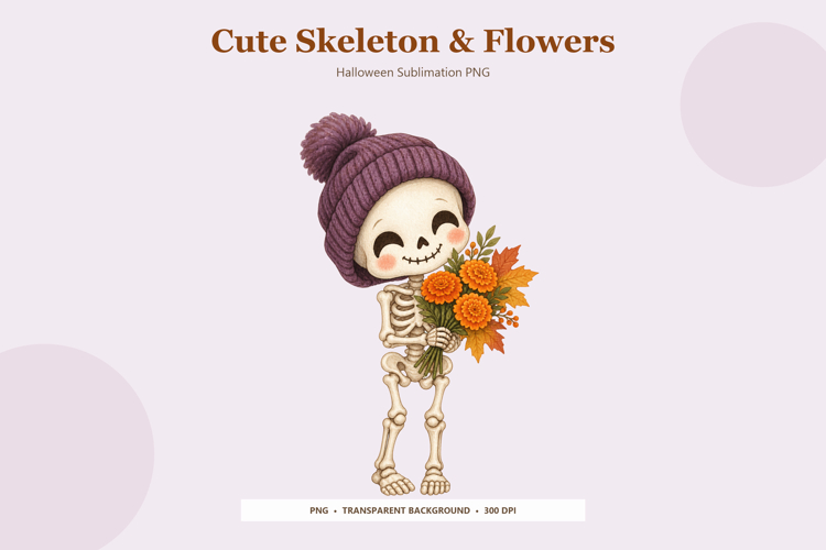 Cute Skeleton with Flowers PNG - Halloween Sublimation