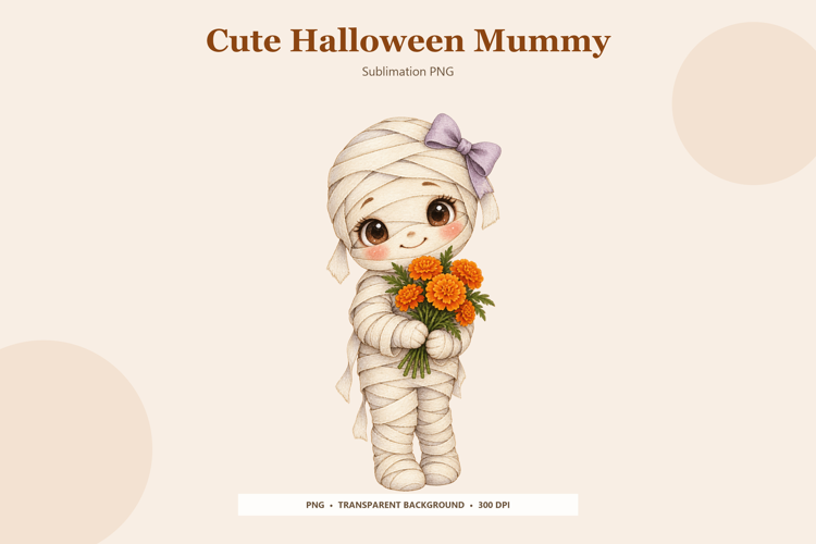 Cute Halloween Mummy with Flowers PNG | Sublimation Design