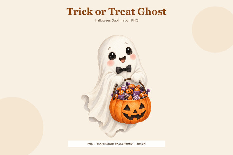 Cute Trick or Treat Ghost PNG | Halloween Sublimation Design example image 1