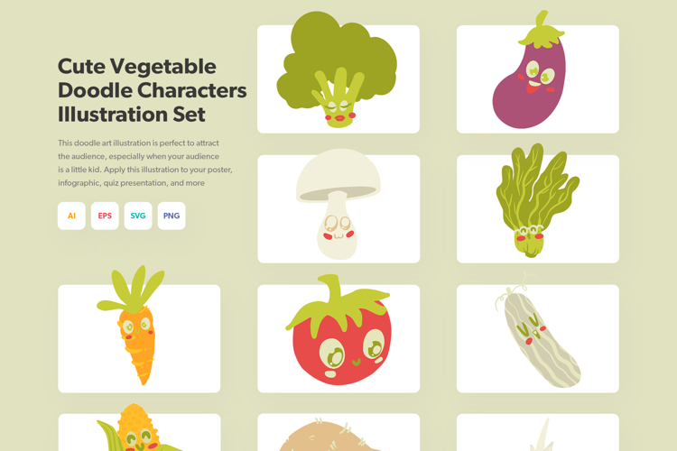 Blushing Cute Vegetable Characters Doodle Illustration Set