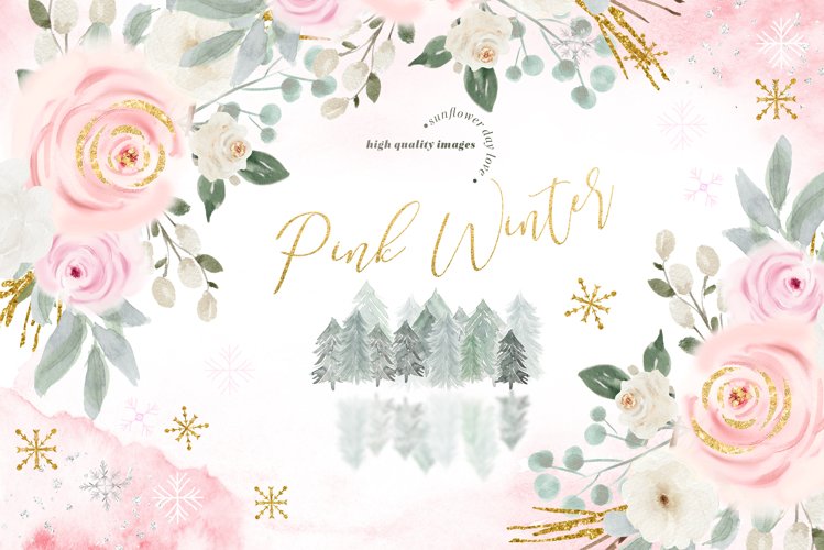 Elegant Winter Pink Floral Clipart, Winter Snowflakes example image 1