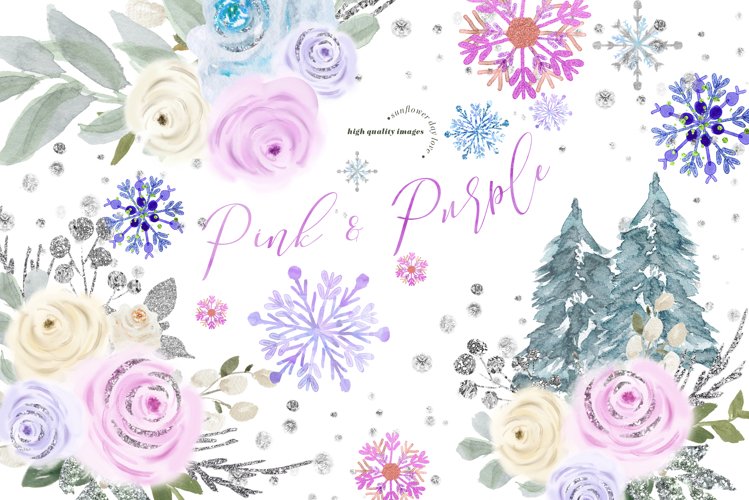 Winter Blue Pink & Purple Floral Clipart example image 1