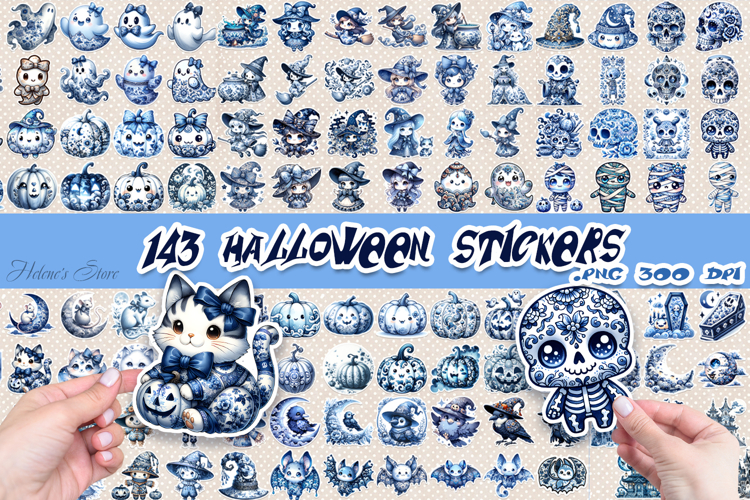 Blue Halloween Stickers Printable BUNDLE | Spooky season PNG