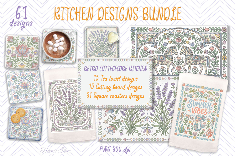 Pastel folk floral tiles kitchen sublimation designs BUNDLE