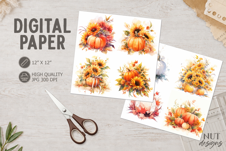Fall Floral Autumn Pumpkin Sunflower Digital Paper