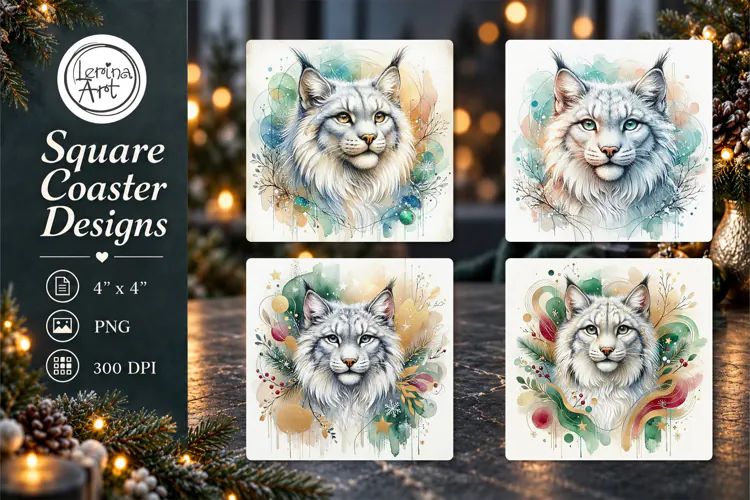 Watercolor Winter Lynx Coaster Designs 4 PNG