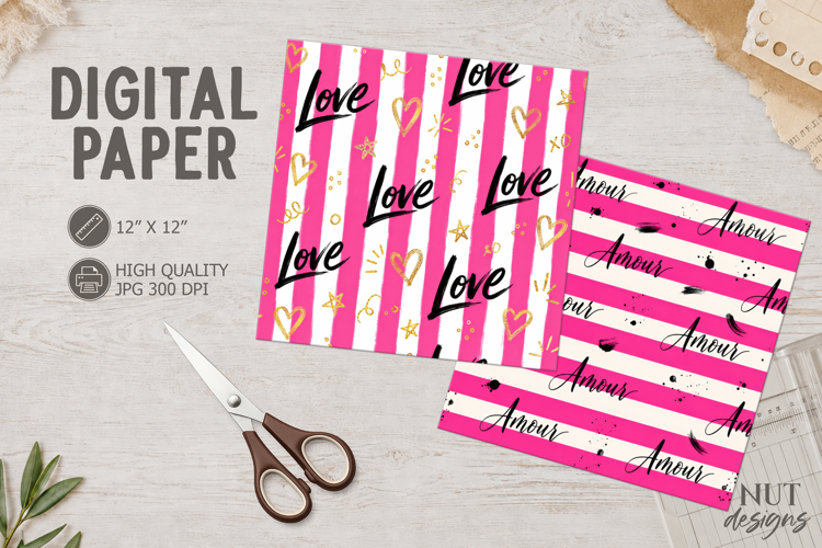 Love Pink Striped Digital Paper Valentine background