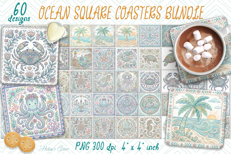 Pastel Ocean retro folk tile pattern square coasters BUNDLE