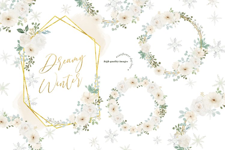 Frame Dreamy Winter White Floral clipart, Greenery Floral example image 1