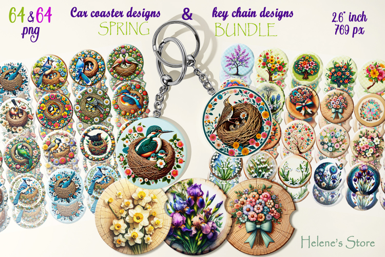 Spring round keychain BUNDLE | Bird and floral Car coaster