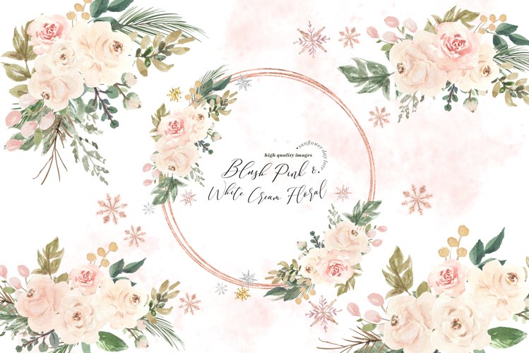 Blush Pink & White Winter Floral Clipart, Greenery Floral example image 1