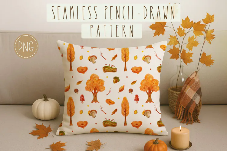 Autumn Trees pencil-drawn seamless pattern
