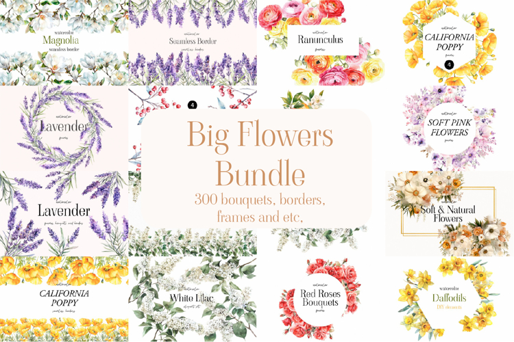 Big Watercolor Flowers Bundle 300 Floral Bouquets, Borders