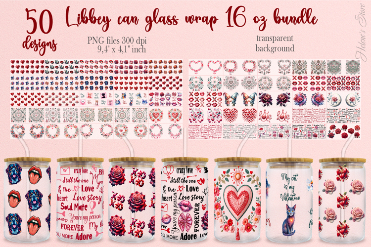 Valentines pattern Libbey Can Glass Wrap 16oz design BUNDLE