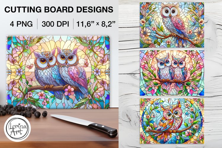 Stained Glass Cute Owl Cutting Board Designs / 4 PNG