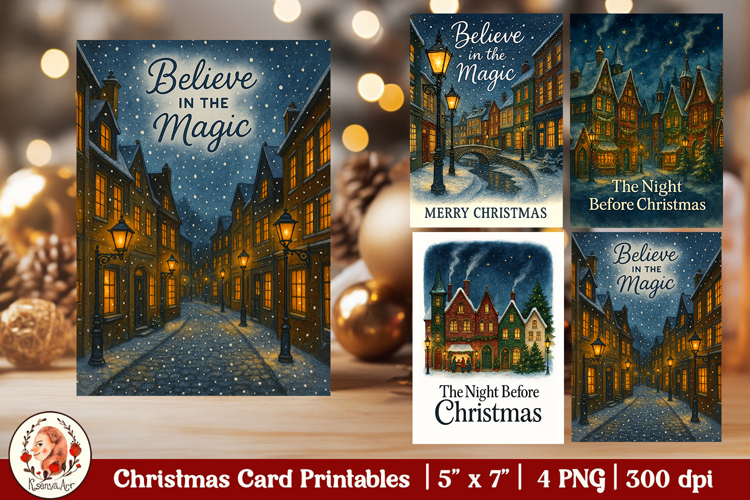 Christmas Card , Vintage Christmas, Christmas Night Street