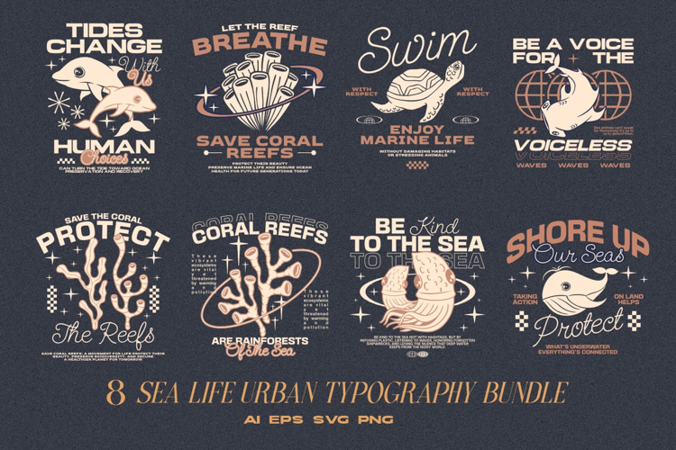 Sea Life Typography T-shirt Design Bundle example image 1