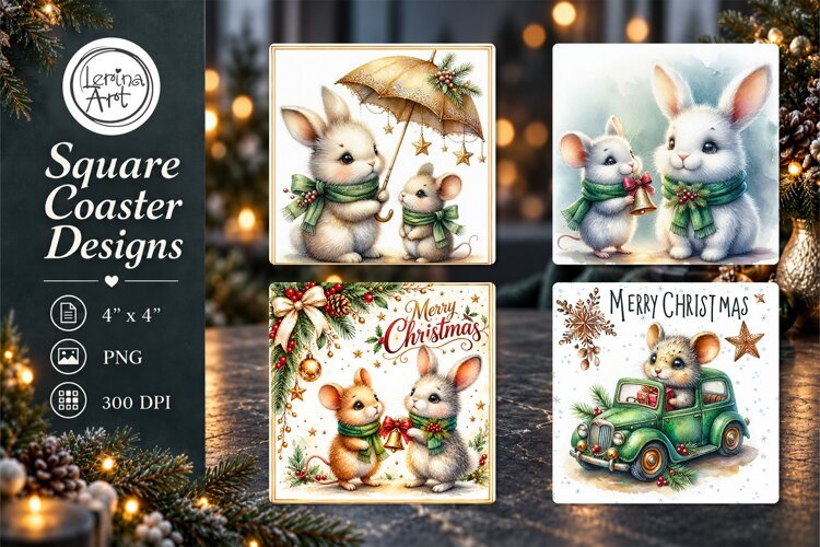 Cozy Christmas Bunny & Mouse Coasters 4 PNG example image 1