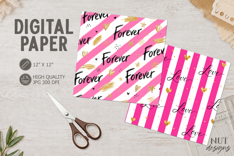 Forever Love Pink Striped Digital Paper Valentine background