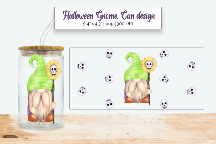 Halloween gnome with wooden stick and skulls. Halloween can